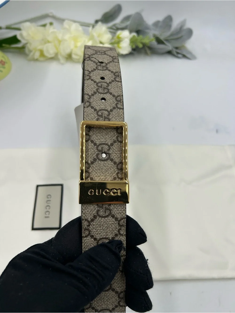 Unisex Gucci Monogram Canvas Belt with Gold engraved Buckle - Beige/Brown 80/32